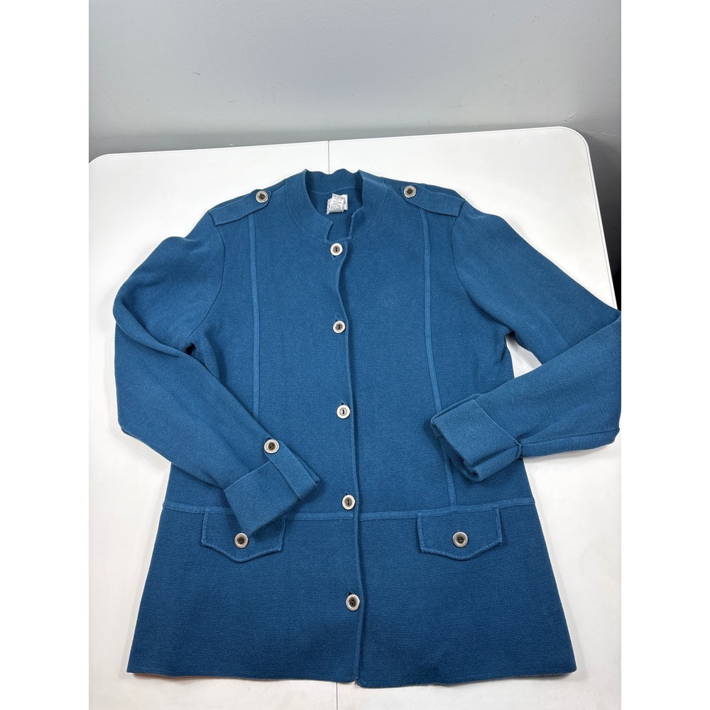 Chicos Teal Blue Cotton Knit Cardigan Jacket Epaulets Button Front XL